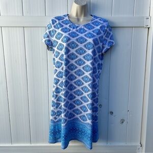 Cabana Life Blue & White Short Sleeve Geometric Print Summer Dress | Size Medium
